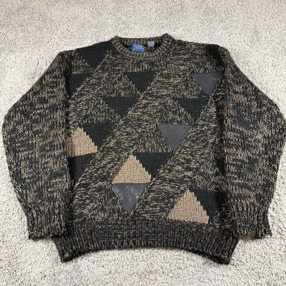 Vintage Cambridge Classics Mervyns Chunky Knit Sweater Mens M Leather Triangles - Picture 1 of 7
